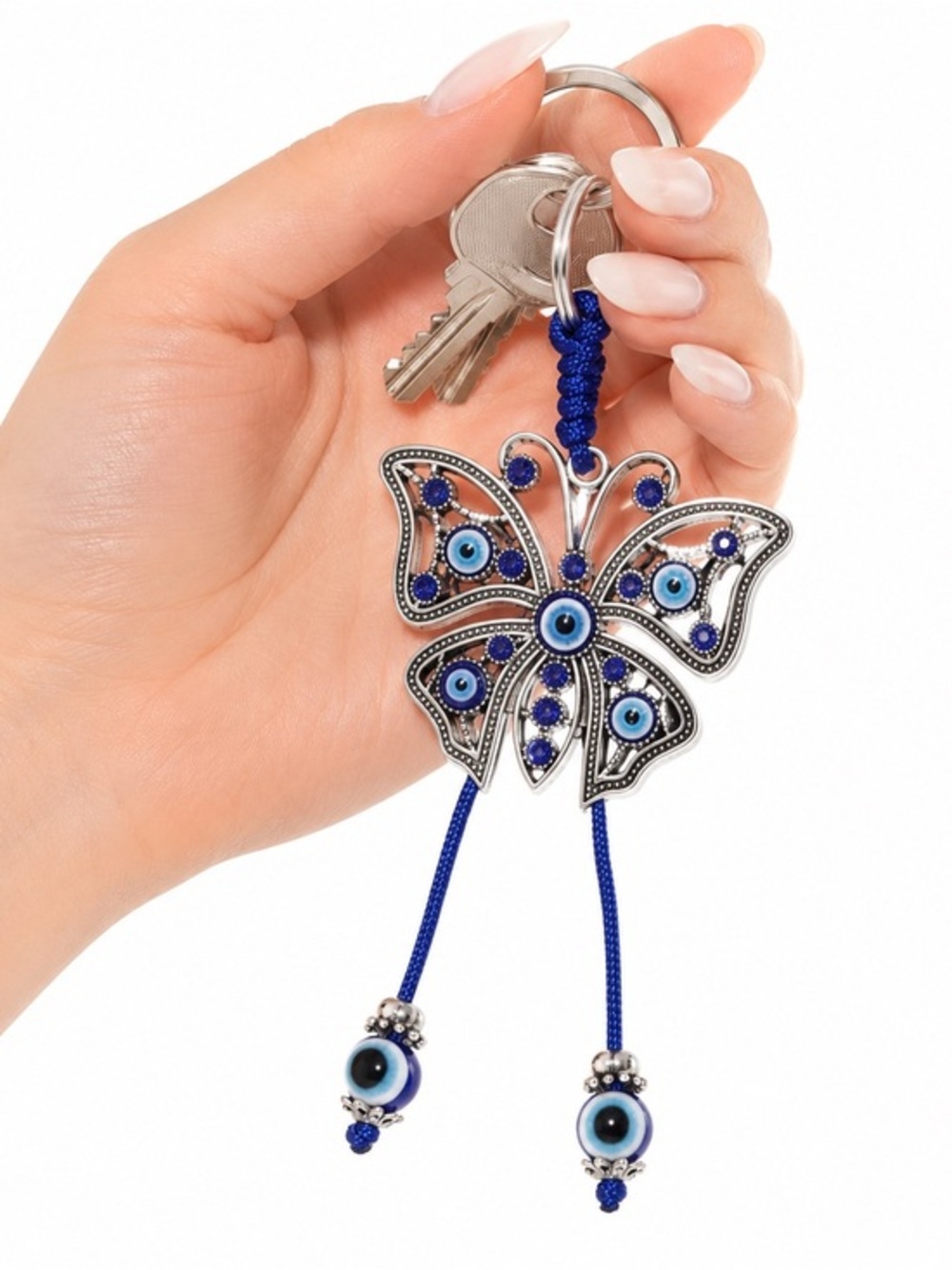 NEW Butterfly Blue & Silver Rope Good Luck Charm Bead Tassel Evil Eye Keychain